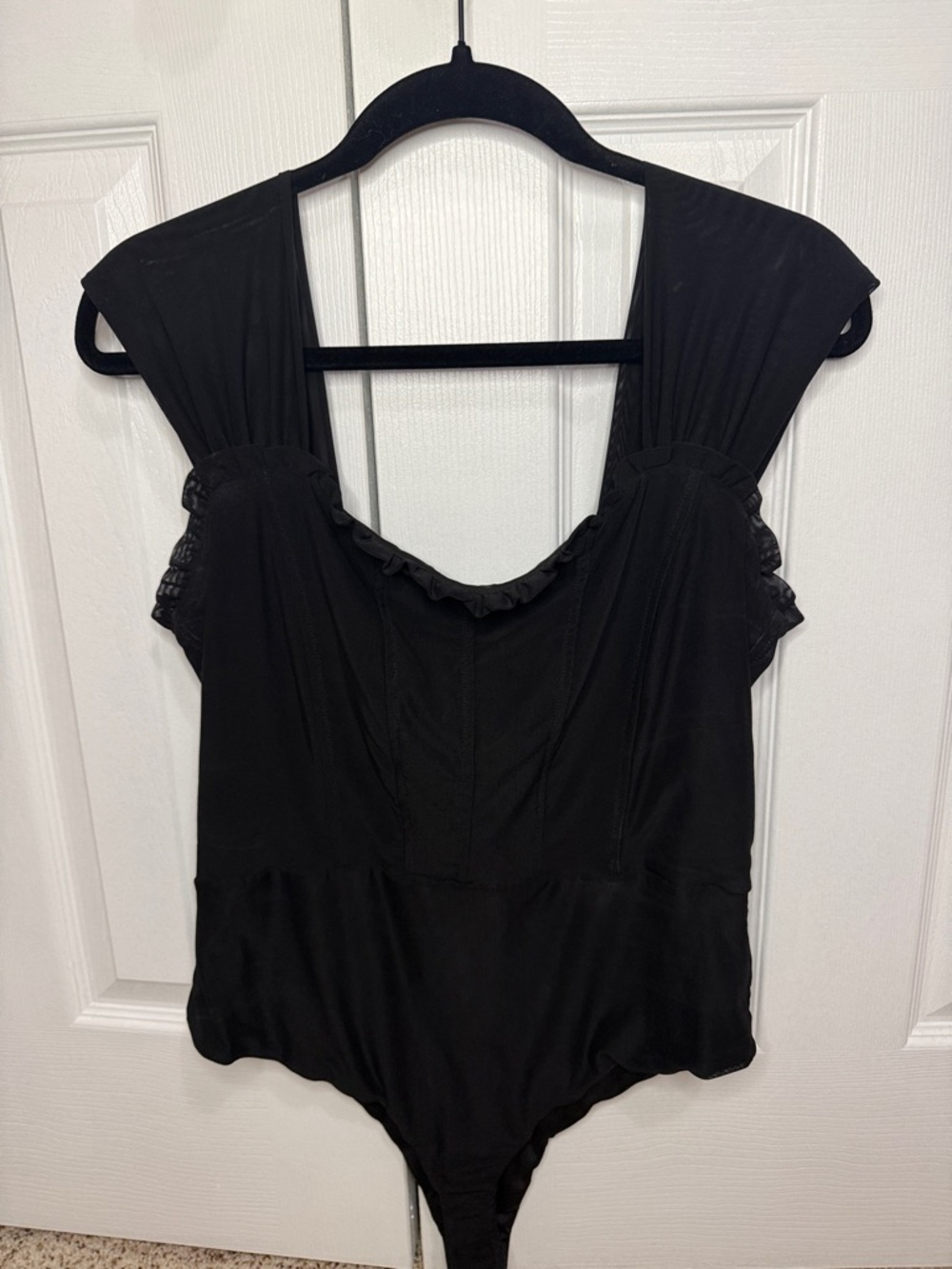 Willow & Root Black Ruffle-Trim Bodysuit with sheer cap sleeves